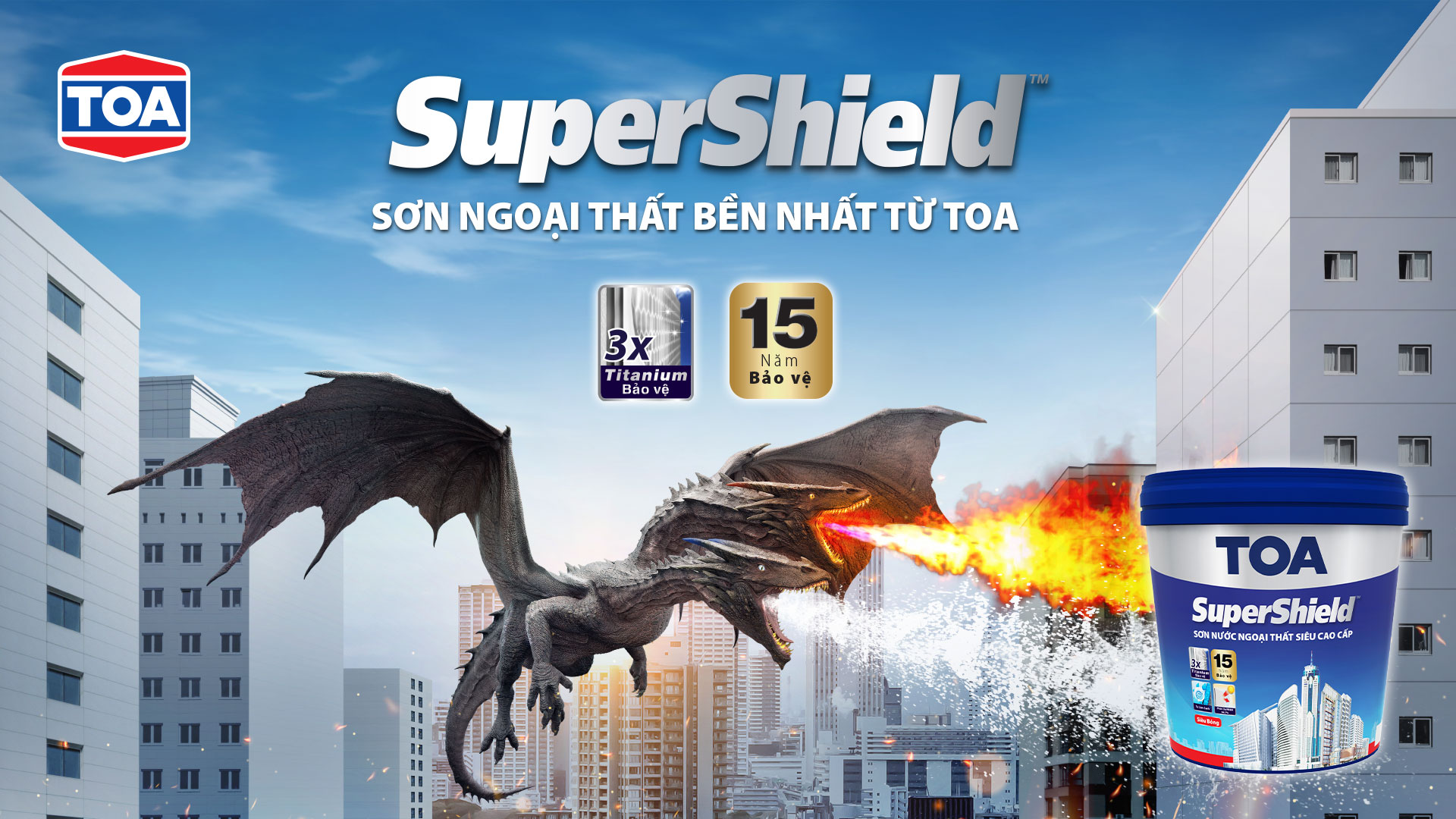 SuperShield là sản phẩm sơn ngoại thất bền nhất từ TOA, bảo vệ công trình lên đến 15 năm.